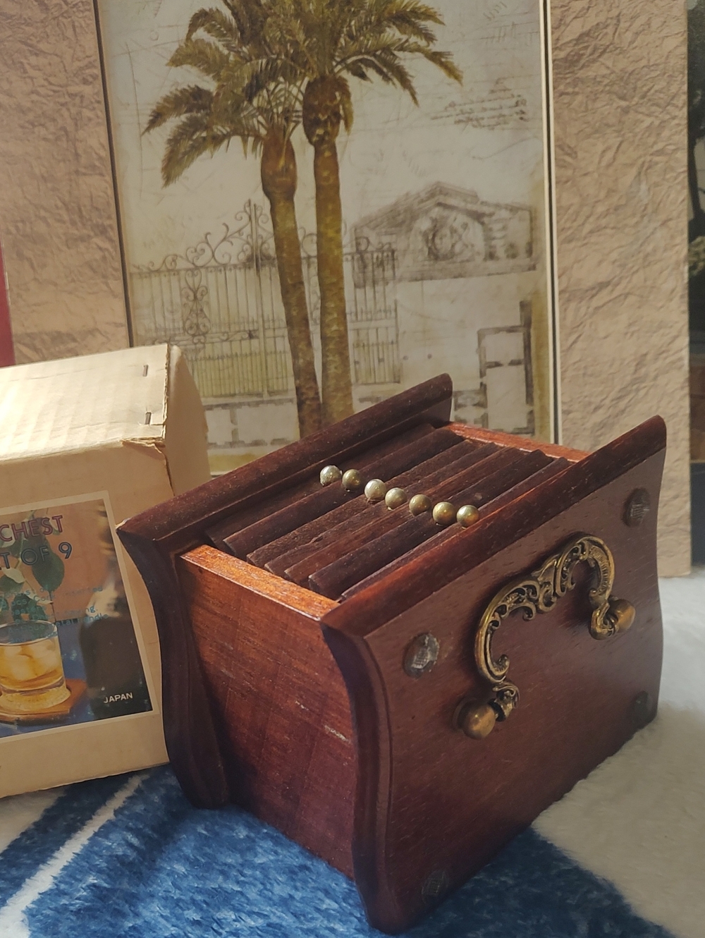 Wood Coaster Chest Set of 9 -vintahe Dark Brown Wooden Box - Picture 12 of 13